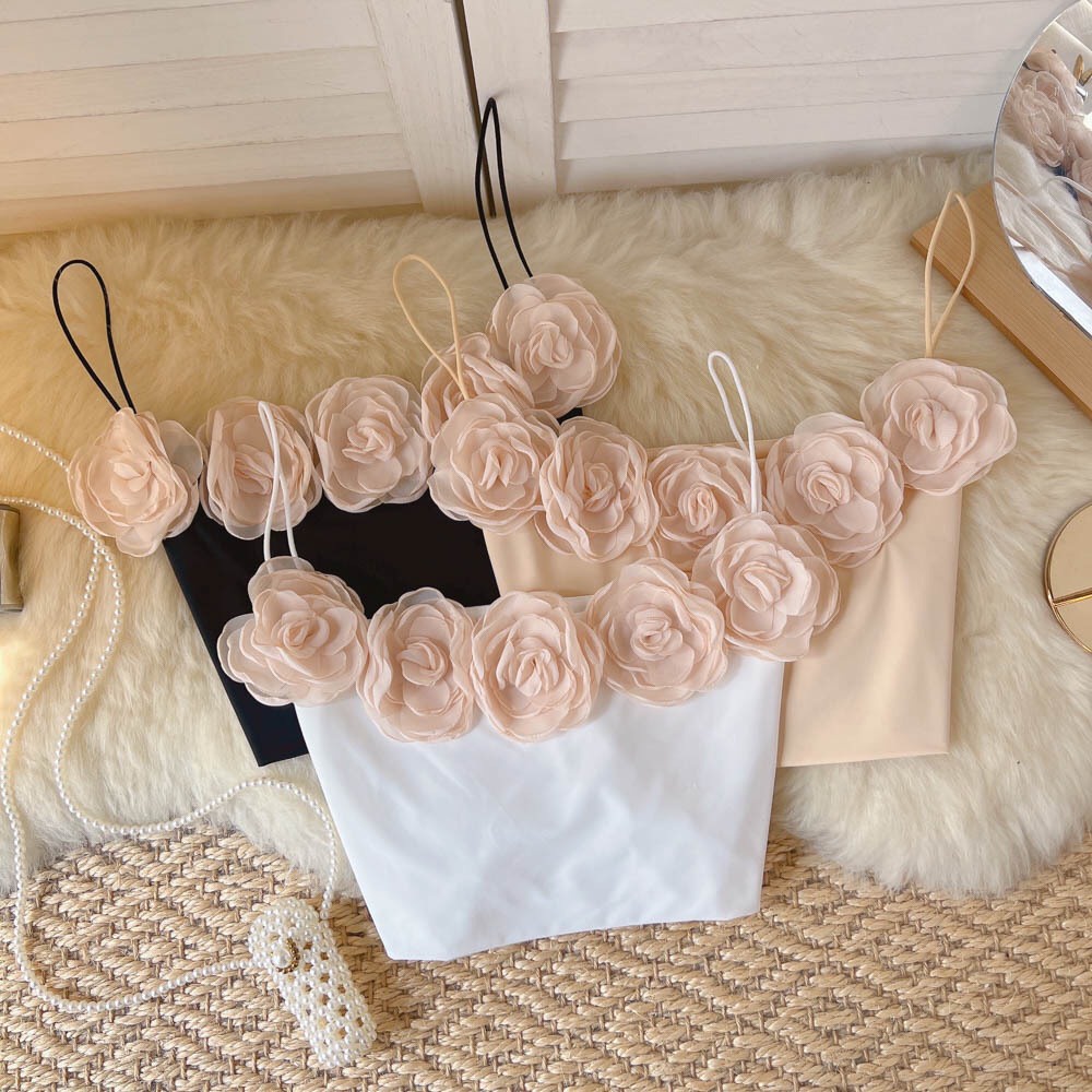 Áo 2 dây hoa voan áo croptop nữ hoa hồng