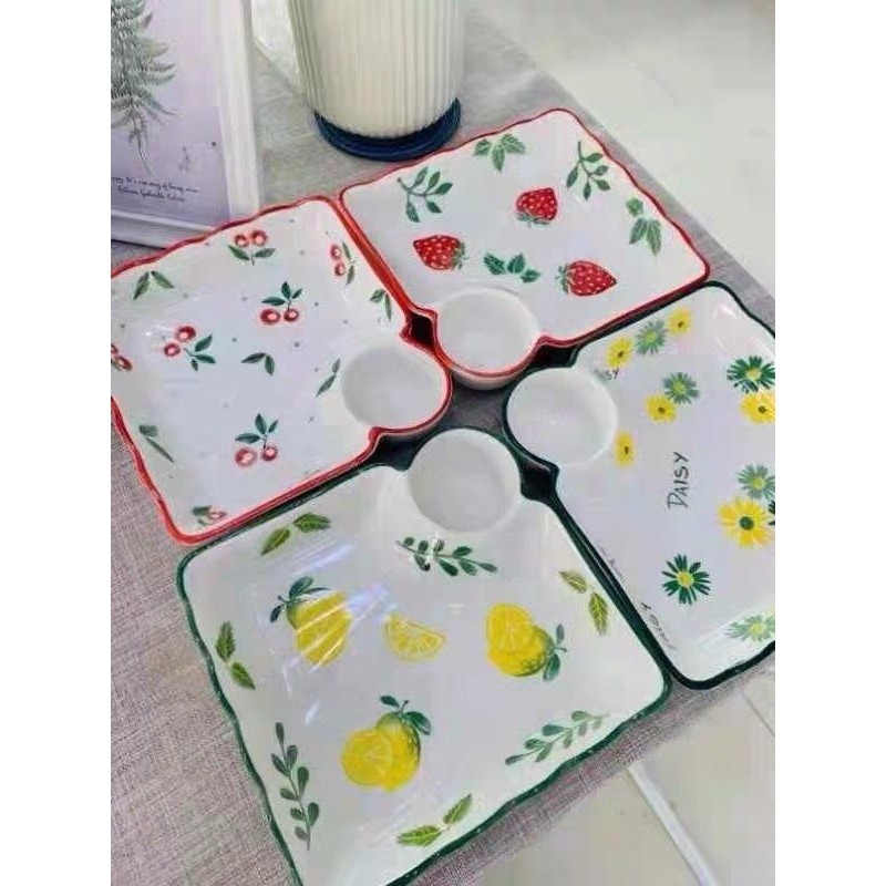 Khay vuông sâu lòng kèm đĩa chấm đĩa sứ đựng hoa quả, phụ kiện bàn ăn: 3.6.14.1
