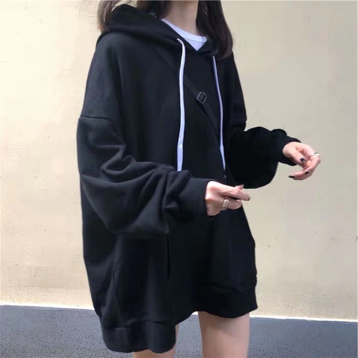 DUNEA Áo sweater dáng lửng rộng có mũ dài tay màu trơn thời trang Hàn Quốc cho nữ sinh