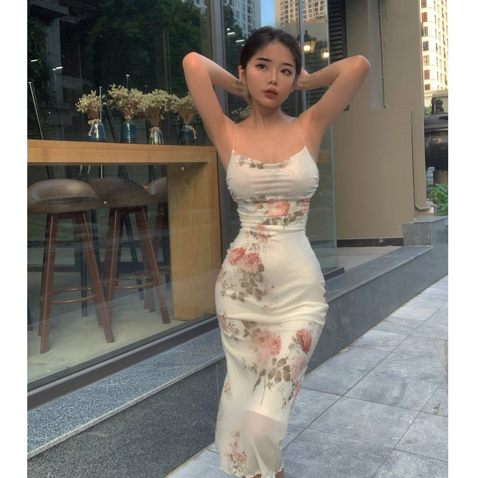 Đầm nữ đuôi cá hai dây hoa nhí dáng ôm gợi cảm Emilyshop Ulzzang (T)