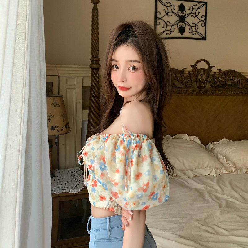 Áo Croptop Chiffon Tay Phồng Cổ Vuông In Hoa Kiểu Retro Hàn Quốc Xinh Xắn Cho Nữ | BigBuy360 - bigbuy360.vn