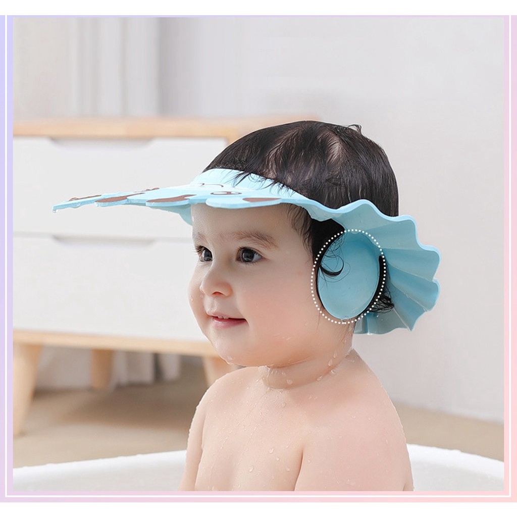 Mũ gội đầu chắn nước bảo vệ tai, mắt cho bé 0 - 6 tuổi, có thể điều chỉnh vòng đầu có bịt tai