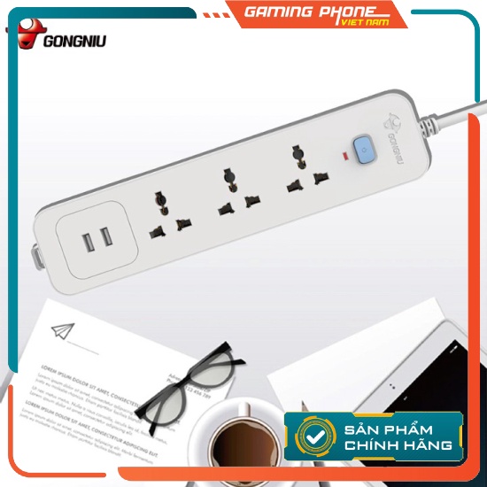 Ổ Cắm Điện Gongniu 3 Ổ Đa Năng + 2 USB 1 công tắc 2500W/10A Dây Dài 1.8M (N103U)