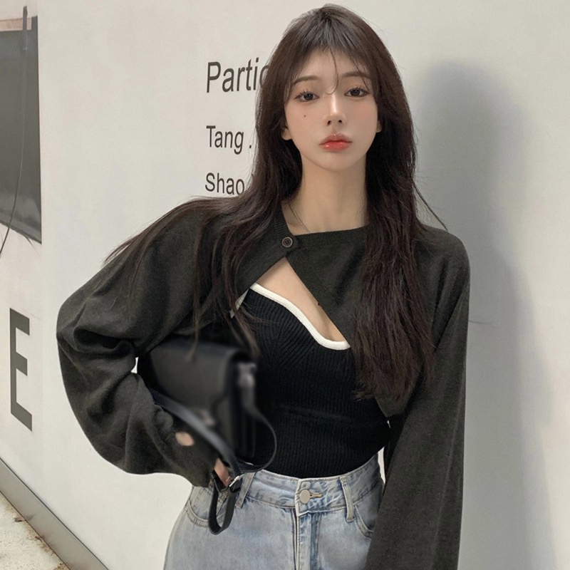 Bộ Áo Croptop Dệt Kim Ngắn 2 Món + Áo Hai Dây Màu Khối Thời Trang Cho Nữ