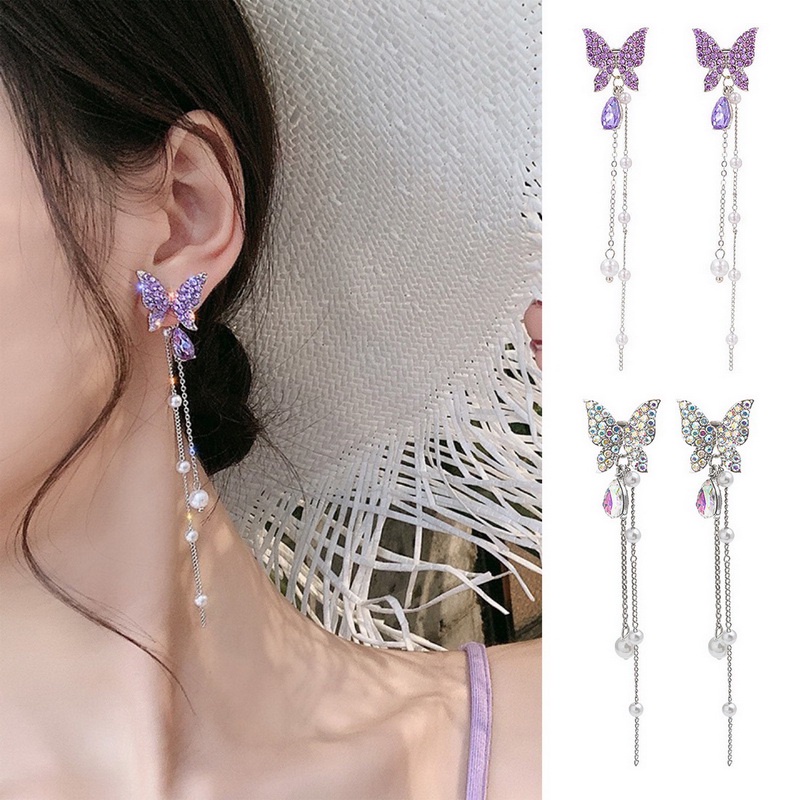 Bông Tai Dáng Dài Phối Tua Rua Hình Bướm Dễ Thương Phong Cách Hàn Quốc Cho Nữ