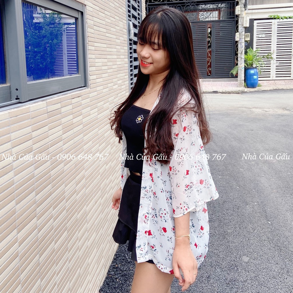 Áo khóac kimono vải voan hoa đỏ