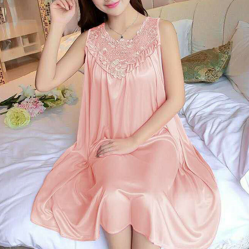 Đầm ngủ không tay chất liệu phi bóng phối ren hoa phong cách thời trang