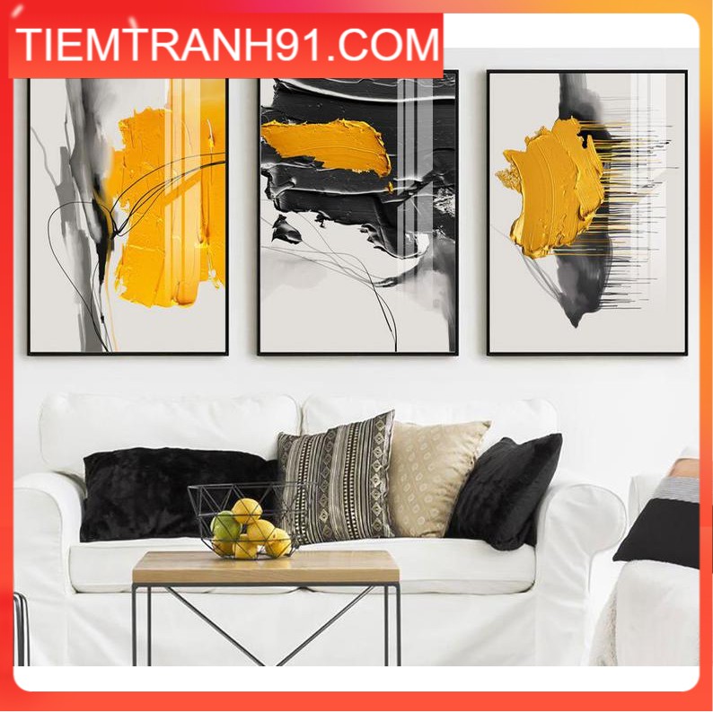Tranh treo tường | Tranh bộ 3 tranh trừu tường brush stroke daub background orange oil paint on a palette