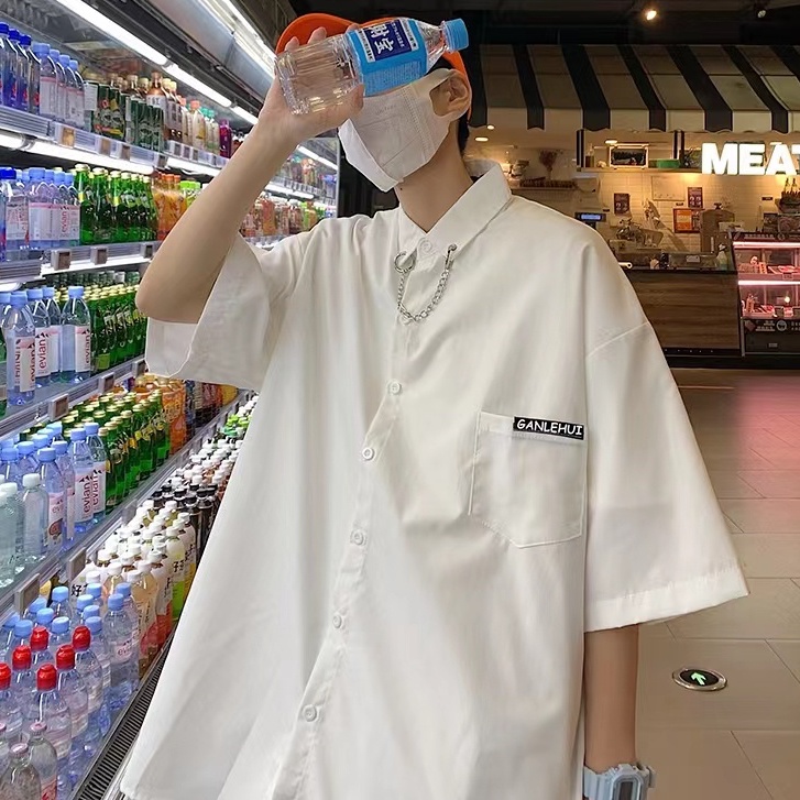 Áo Sơ Mi Lụa Lạnh Tay Ngắn Dáng Rộng Phong Cách Thời Trang Nhật Hàn Cho Nam Giới