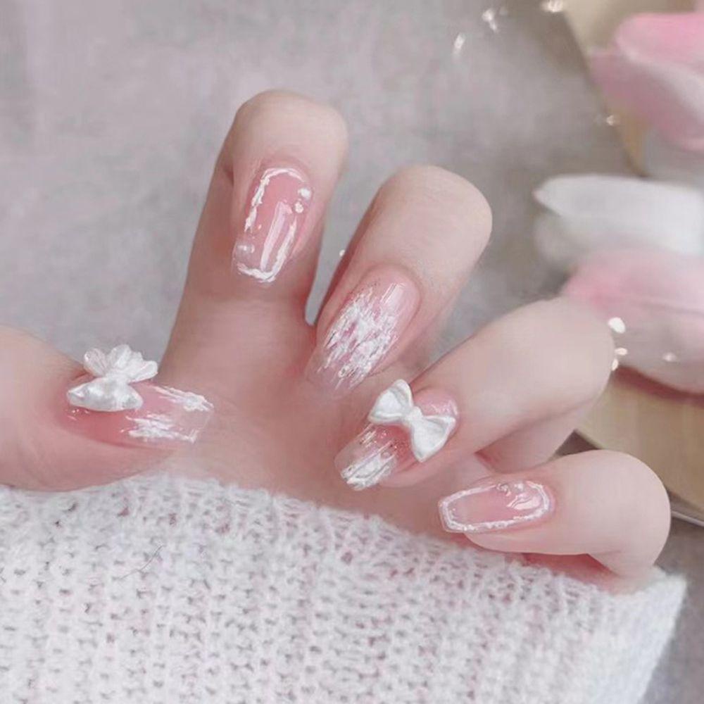 Bộ 24 Móng Tay Giả Dạng Nhấn Họa Tiết Bướm Hồng Trái Tim Tình Yêu Màu Trắng Hồng