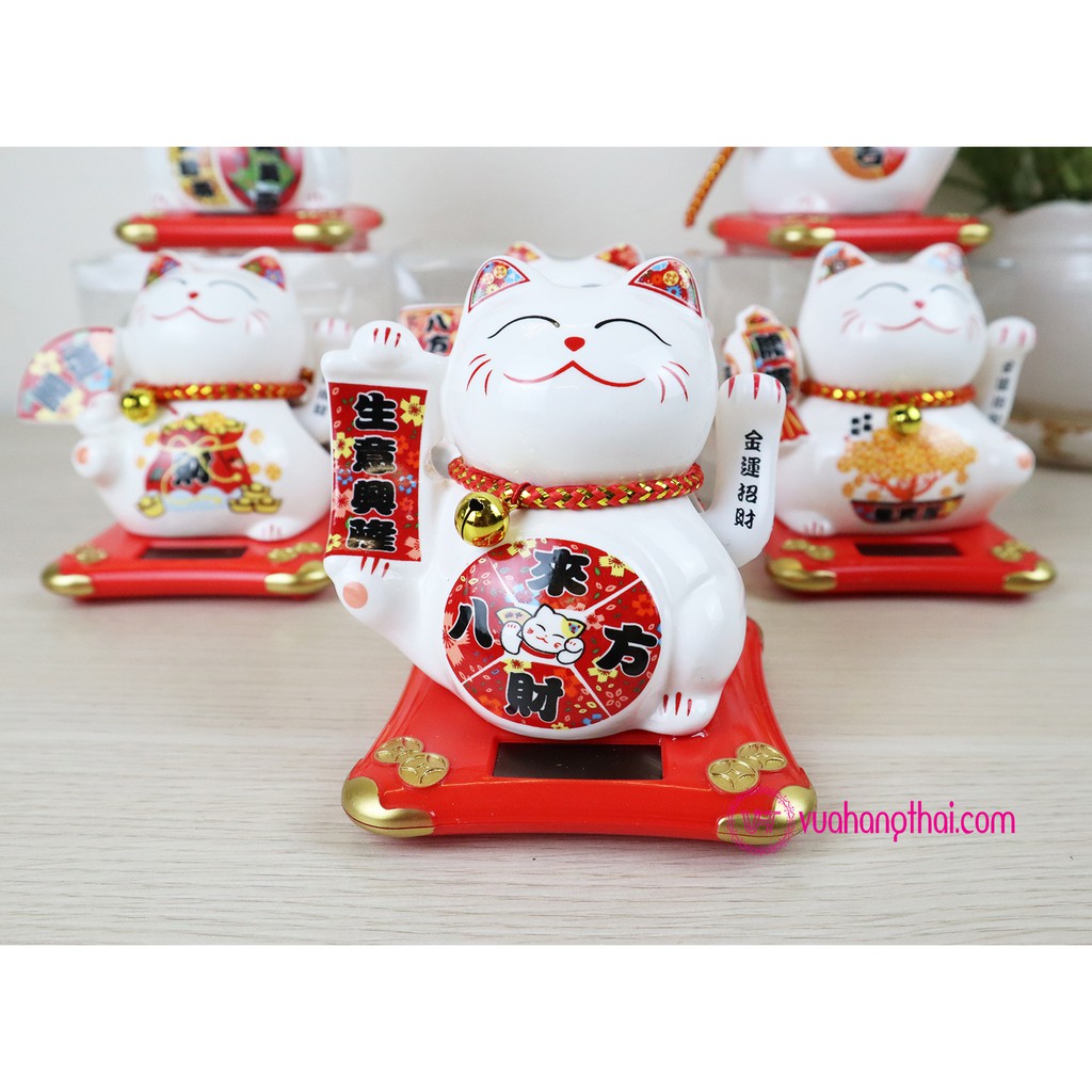 Mèo Thần Tài Vẫy Tay Maneki Neko Dùng Năng Lượng Mặt Trời, Bằng Sứ 11cm - Chiêu Tài Lộc, Kinh Doanh Hồng Phát