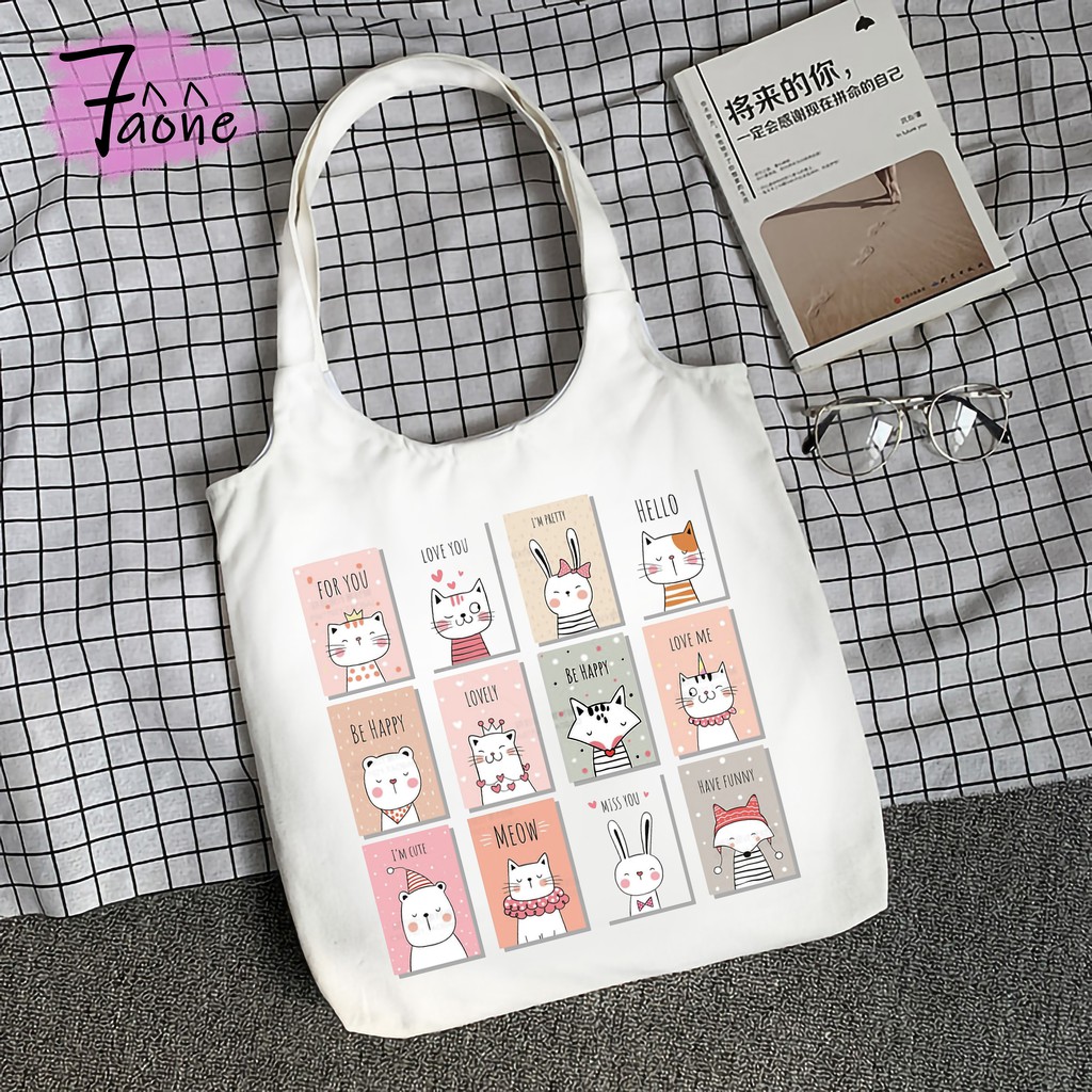 TÚI VẢI QUAI TRÒN CAT MEO MEO TOTE ĐEO VAI CÓ TÚI CON VẢI CANVAS