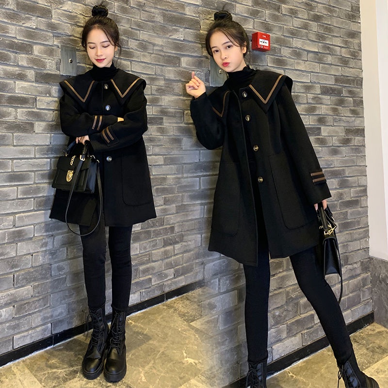 Áo Khoác Len Cổ Thủy Thủ Dáng Dài Qua Đầu Gối Phong Cách Preppy 2021