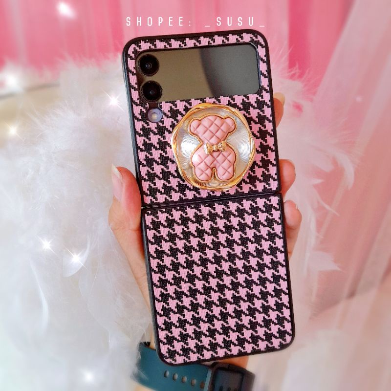 Ốp Samsung Z Flip 3 - ZFlip 3 - ZFlip3 - Flip3 5G caro hồng kèm popsocket gấu viền gold dễ thương