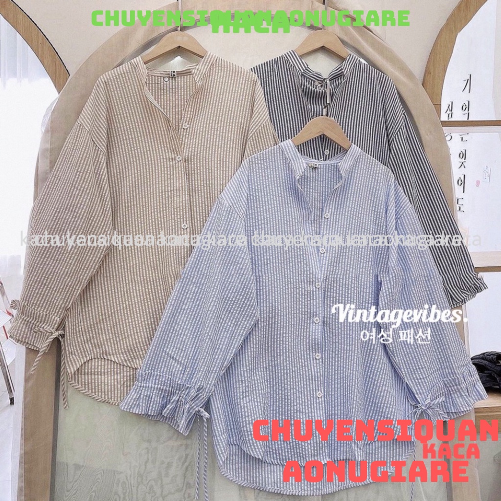 Áo sơ mi dáng rộng kẻ sọc cổ tàu tay phối bèo Ulzzang (hàng QC) - Ảnh thật kaca chuyensiquanaonugiare