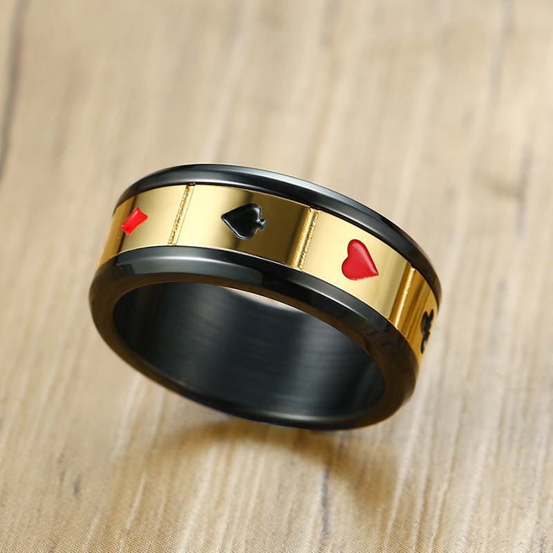 Nhẫn Xoay Bằng Thép Không Gỉ 8mm Màu Đen In Hình Lá Bài Poker Dành Cho Nam