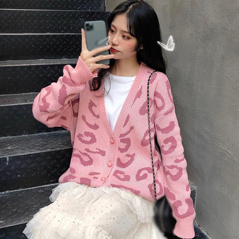 Áo khoác Cardigan dệt kim hoạ tiết da báo thiết kế dáng rộng thoải mái