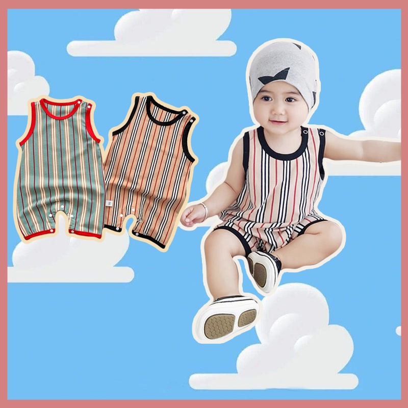 Bộ Áo Liền Quần Kẻ Sọc Dáng Rộng Phối Nút Thời Trang Mùa Hè Cho Bé 0-2 Tuổi