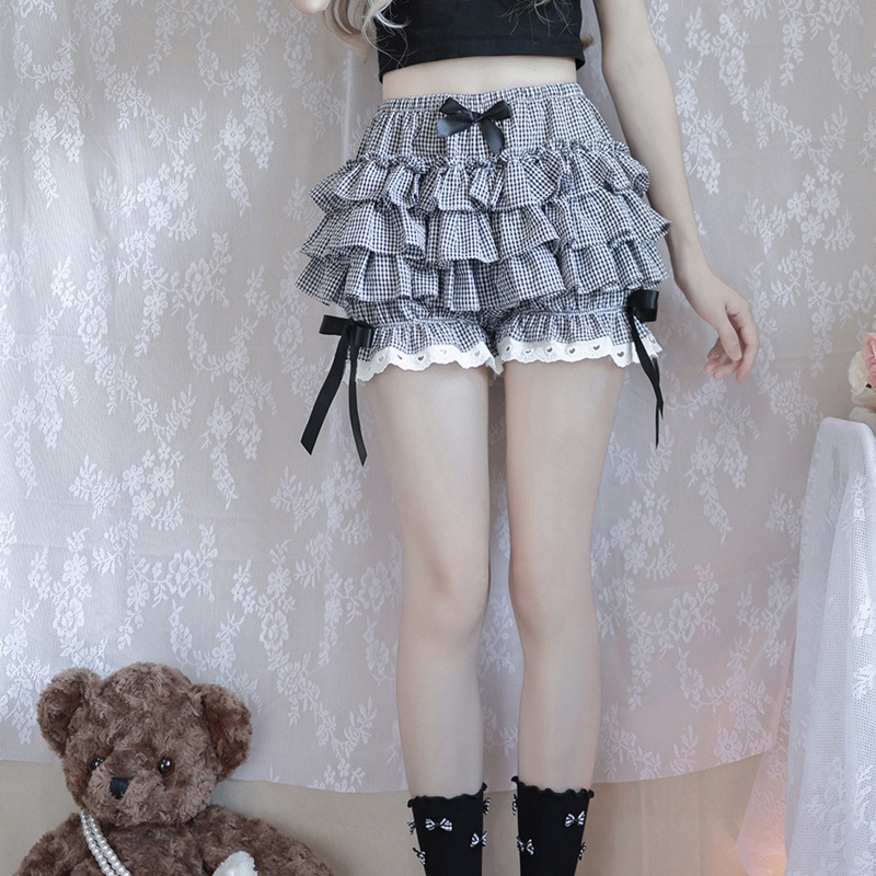 Youyo Quần Short Lolita Nhún Bèo Họa Tiết Caro Nhiều Lớp Viền Ren An Toàn Cho Nữ