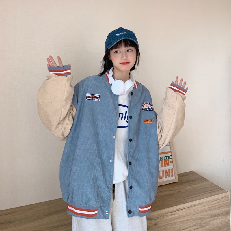 SUXI Áo khoác nhung kẻ tay dài dáng rộng thêu hoạ tiết thời trang mùa thu phong cách hàn quốc cho nữ