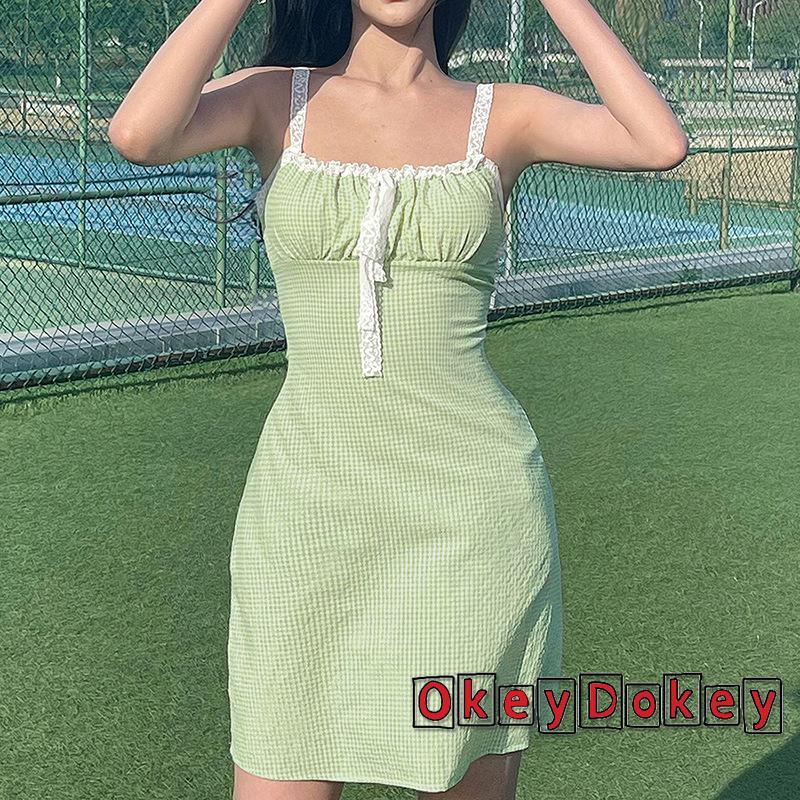 OKDK-Female Dress Summer Plaid Sleeveless Lace Patchwork One-Piece for Women