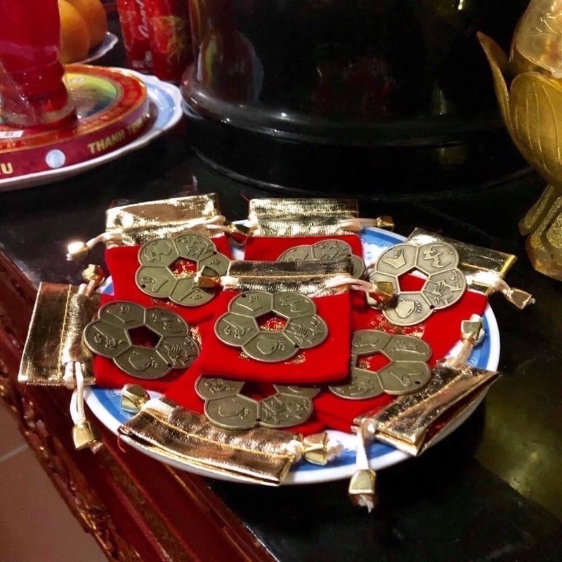 Đồng Tiền Hoa Mai Đã Gia Trì + Kèm Túi Gấm Cao Cấp