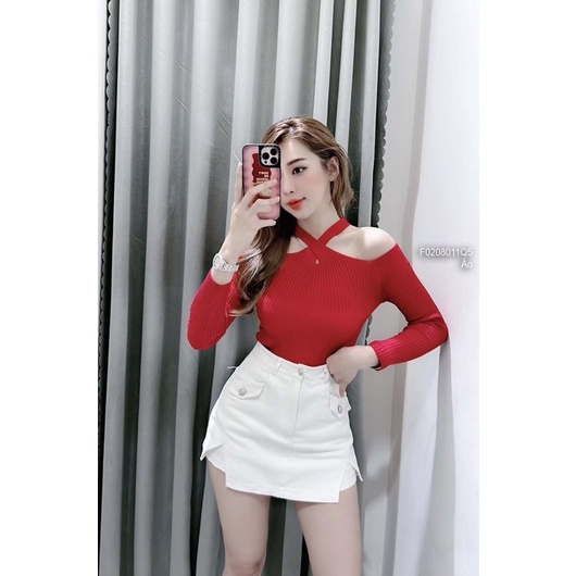 Áo len nữ phối gân tay dài cổ yếm khoét vai VIENS STORE