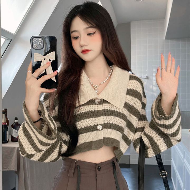 COZOK Áo cardigan crop top COZOK tay dài họa tiết kẻ sọc phong cách Hàn Quốc vintage thời trang