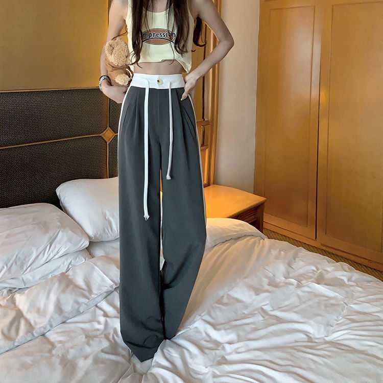 Quần Dài Lưng Cao Ống Rộng Màu Sắc Tương Phản Thời Trang Mùa Hè Cho Nữ