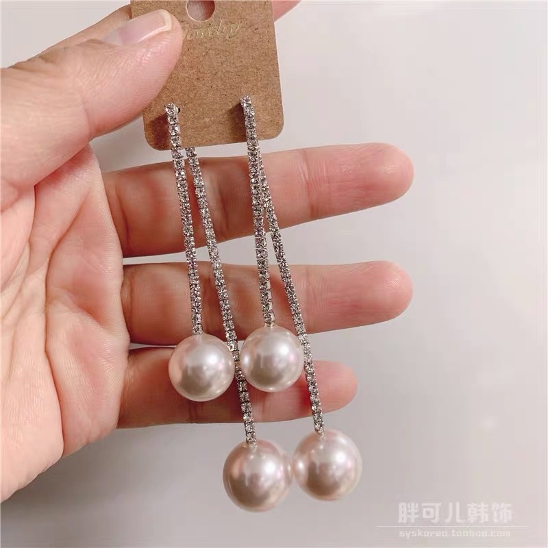 bông tai đính đá dáng dài kèm ngọc sang chảnh phong cách hàn quốc