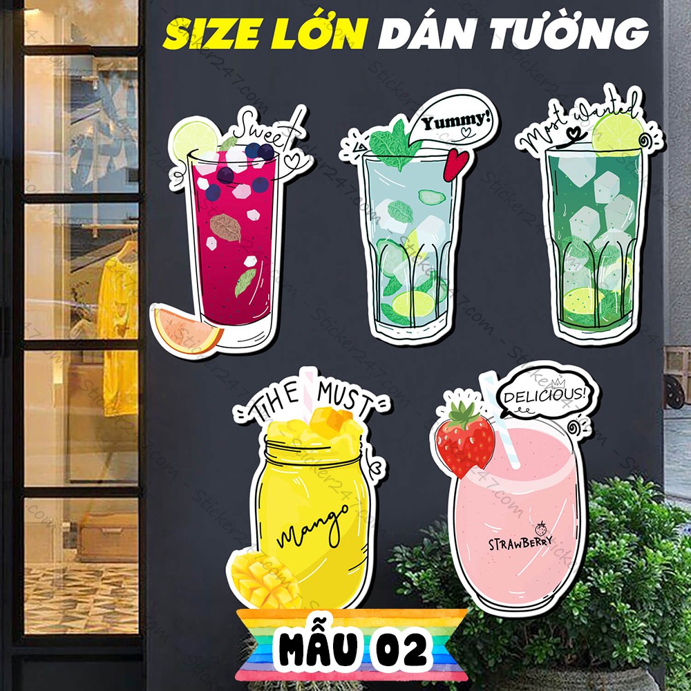 Decal Khổ Lớn Ly Trà Sữa, Sinh Tố, Nước Ép, Cà Phê 𝑭𝒓𝒆𝒆𝒔𝒉𝒊𝒑 dùng decor trang trí quán nước, dán kính, dán tủ, kệ, quầy