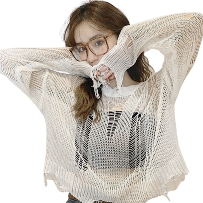Áo Croptop Tay Dài Thiết Kế Rách Phong Cách Gothic