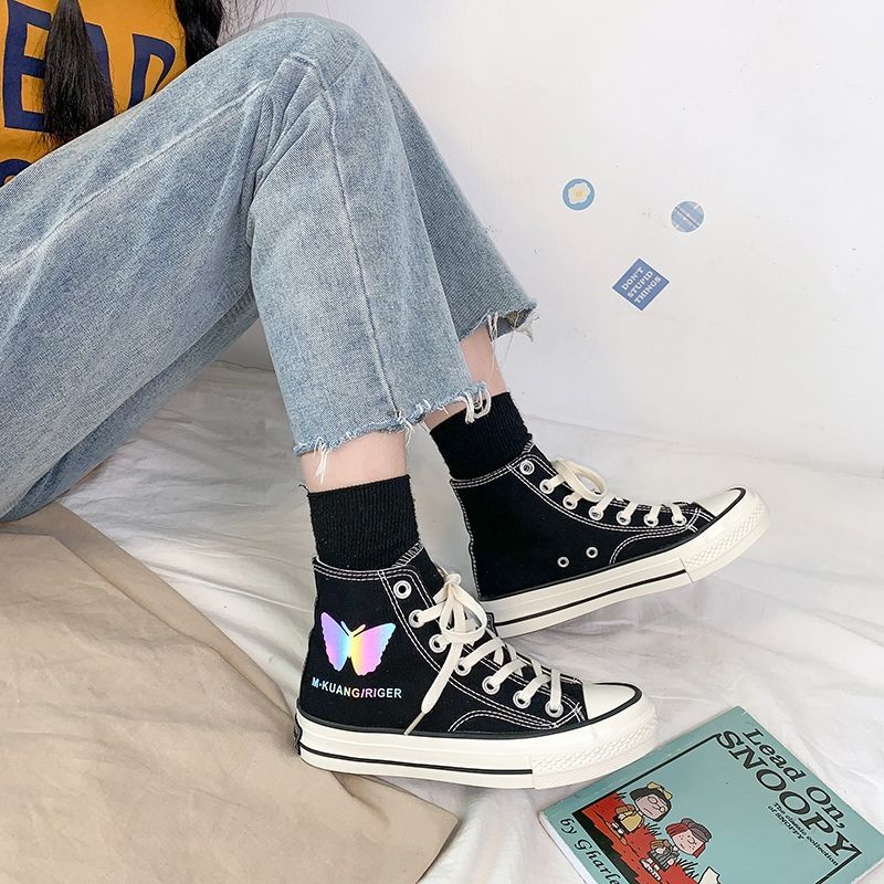 Giày Vải Canvas Cổ Cao Thêu Hình Bướm Kiểu Hàn Quốc Thời Trang Xuân Thu 2021 Cho Bé Gái | BigBuy360 - bigbuy360.vn