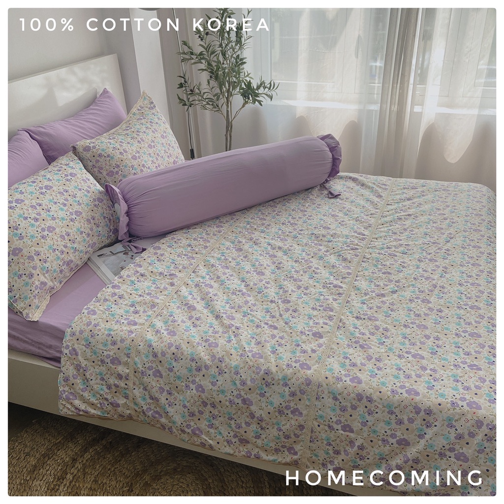 Bộ chăn ga gối cotton hàn tím hoa nhí kích thước 1m6x2m/1m8x2m/2mx2m2 thương hiệu Homecoming