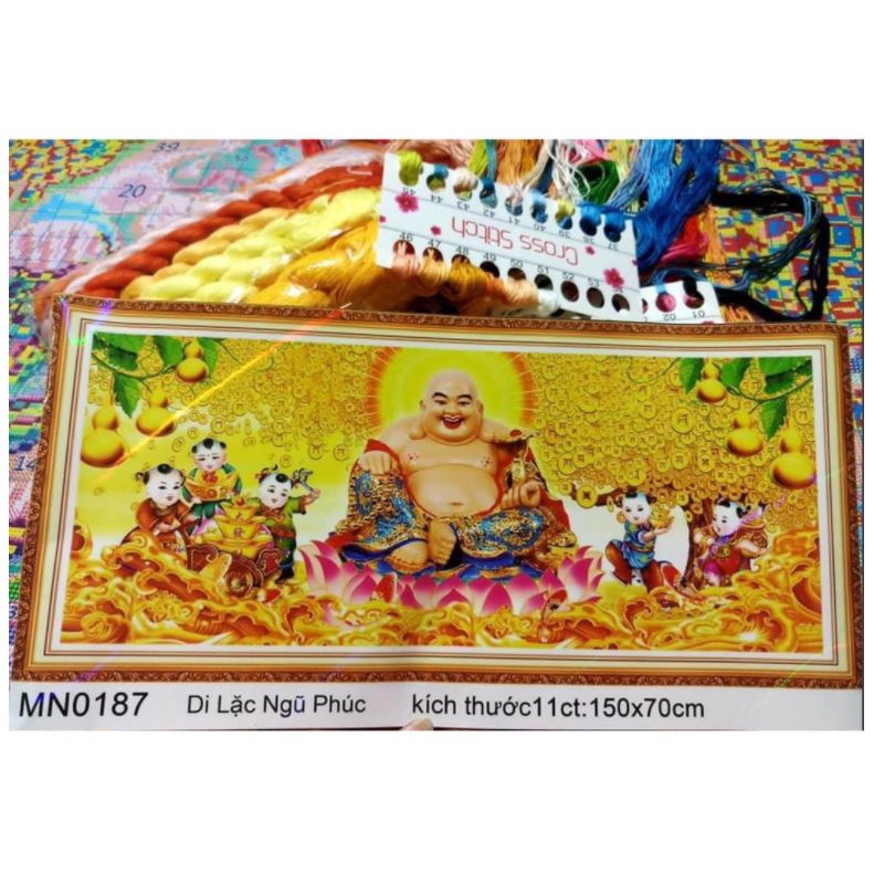 Tranh thêu kín Phật di lặc: Mn0186 (110 x 55 cm), Mn0187(150 x 70 cm)