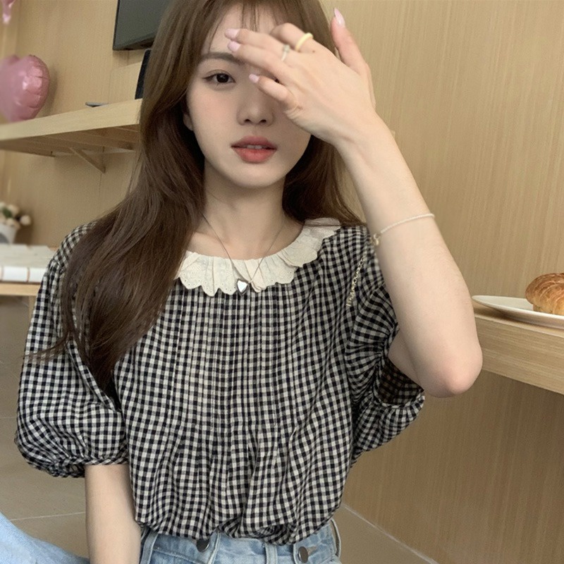 Áo Sơ Mi Tay Ngắn Cổ Tròn Phối Ren Thời Trang Hàn Quốc Dành Cho Nữ