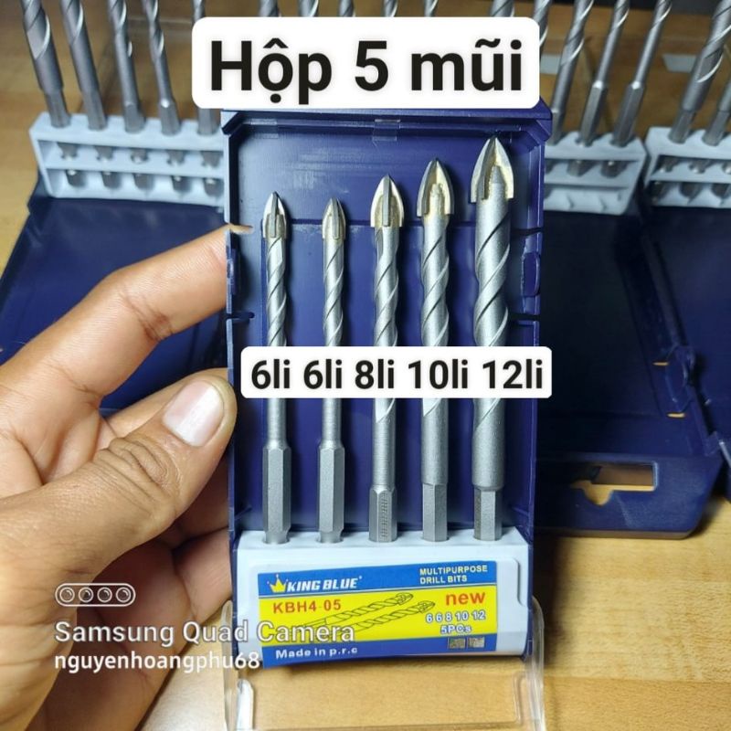 Hộp 5 mũi khoan đa năng chữ thập khoan bê tông chuôi lục giác King Blue