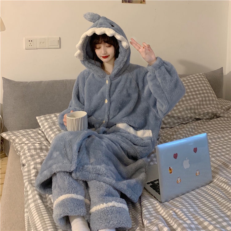 Bộ đầm ngủ + quần ngủ hình cá mập dễ thương thời trang mùa đông dành cho nữ (có bán lẻ) | BigBuy360 - bigbuy360.vn