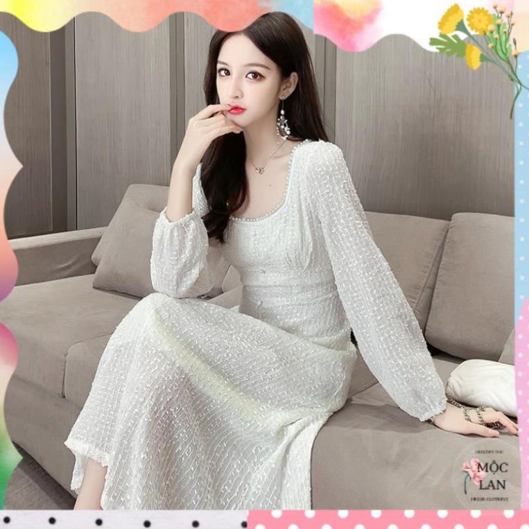 Váy dài tay cổ vuông ren nhũ lấp lánh tiểu thư xòe dài điệu đà sang trọng