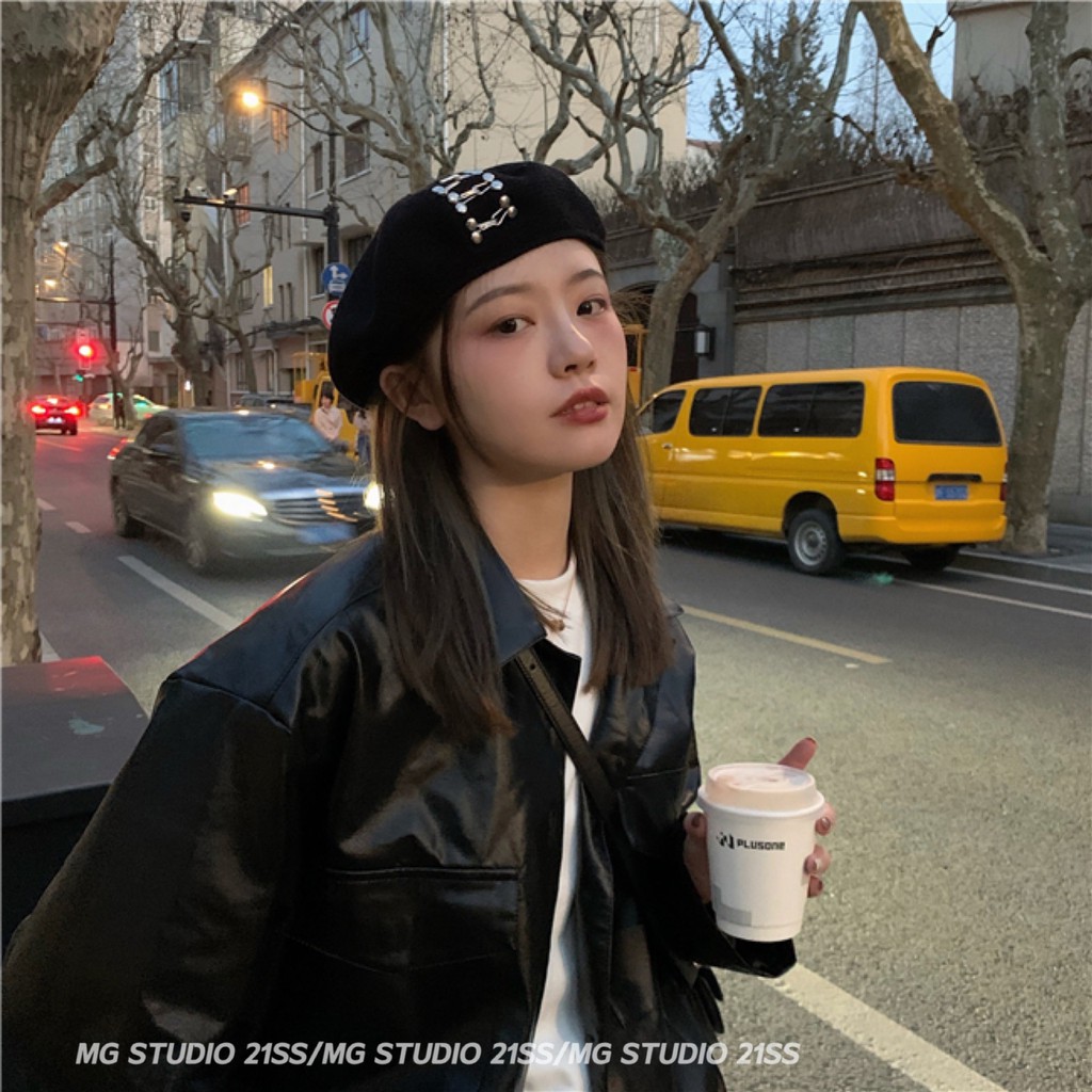 Mũ Beret MG STUDIO Chất Liệu Cotton Thiết Kế Khóa Cài Đinh Tán