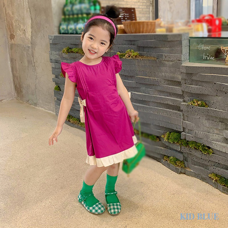 Đầm Công Chúa Cổ Tròn Viền Bèo Thắt Nơ Eo Phong Cách Hàn Quốc Thời Trang Mùa Hè Cho Bé Gái