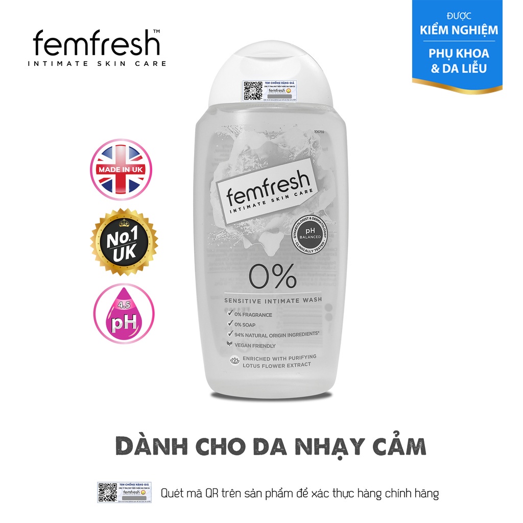 Dung dịch vệ sinh cho bà bầu cao cấp cho da nhạy cảm Femfresh 0% Sensitive Intimate Wash 250ml