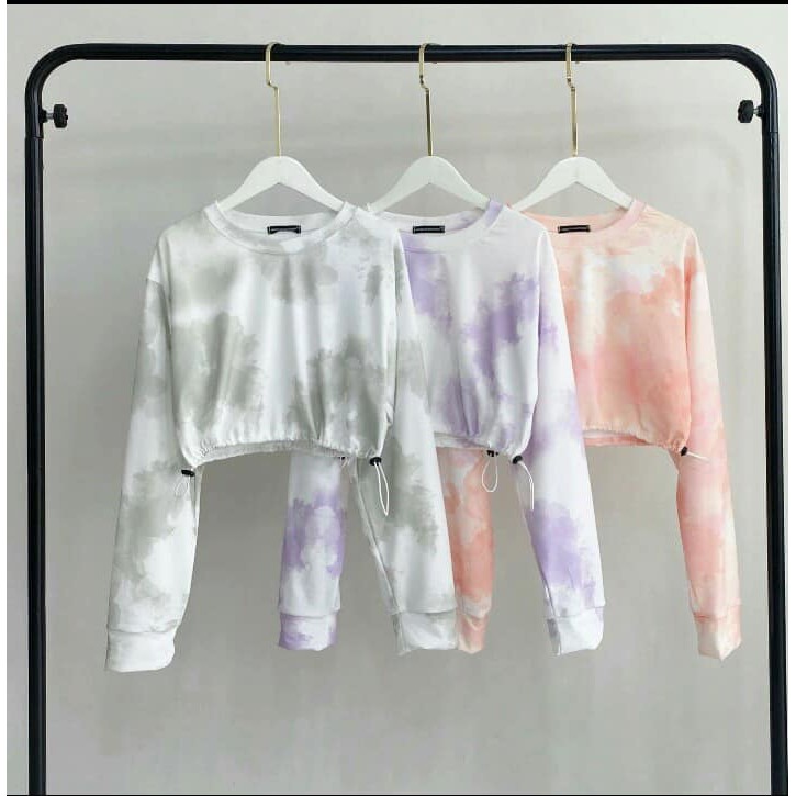 Set trang phục áo croptop tay dài loang màu tie dye + quần dài trơn ống bo basic pant