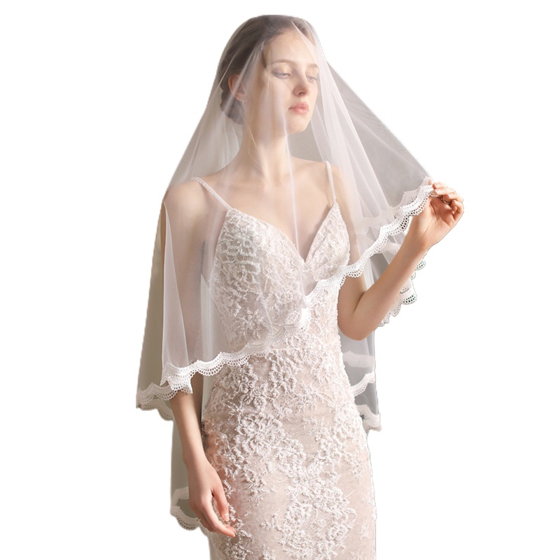 Mạng Che Mặt Với Lược Kim Loại 2 Tầng Vải Tuyn Ren Cho Cô Dâu