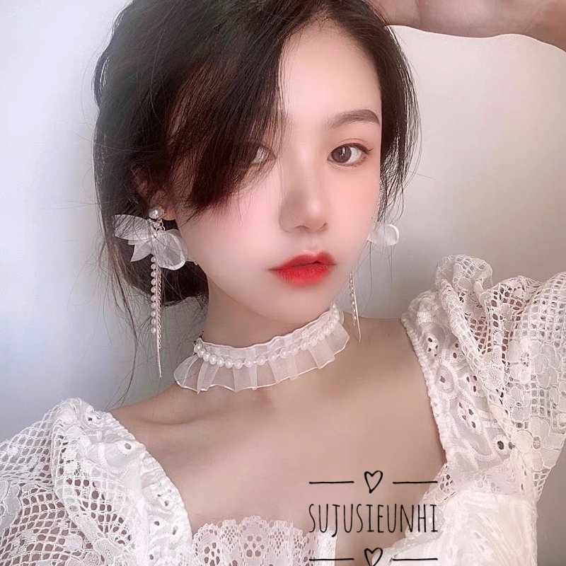 Vòng cổ choker voan đính ngọc xếp tầng bèo nhún lolita dễ thương