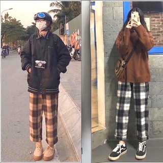 Quần Kẻ Sọc Caro Nâu Ống Rộng Suông Nữ MONKEY FASHION Mặc Đi Học Đi Chơi Siêu Xinh Dễ Phối Đồ
