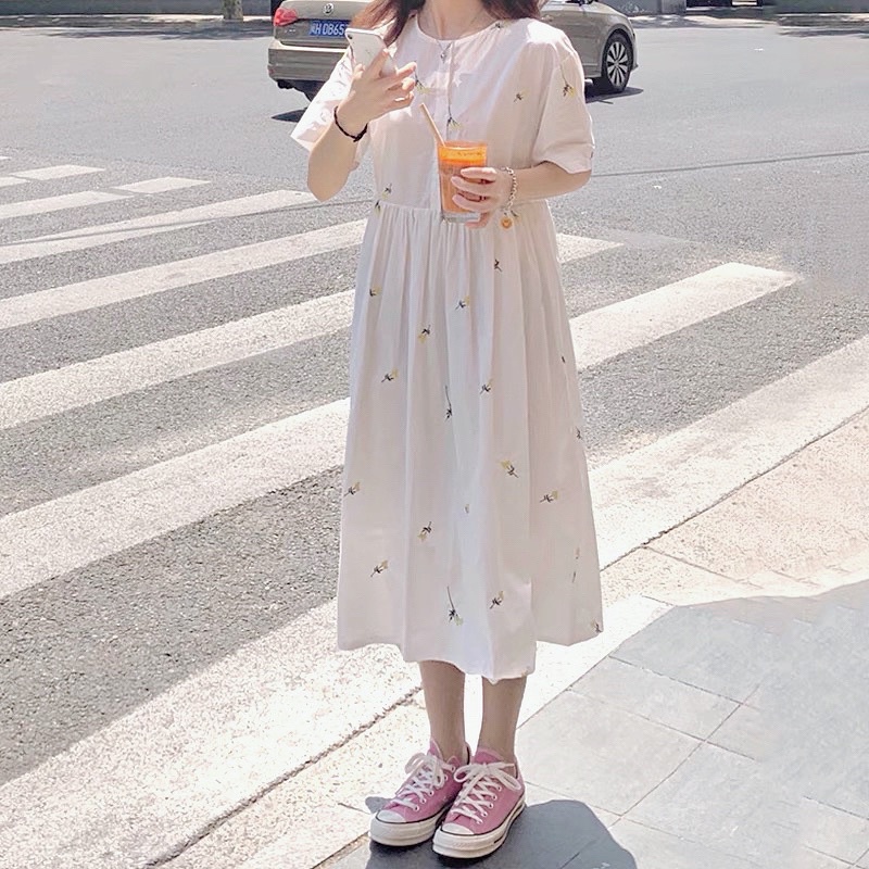 Váy babydoll trắng hoa cúc thắt dây eo 2 mẫu / Đầm suông hoa nhí cộc tay (Ảnh thật ở cuối)