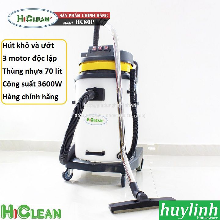 [Mã ELHAMS5 giảm 6% đơn 300K] Máy hút bụi công nghiệp HiClean HC80P - 70 lít - Thùng nhựa