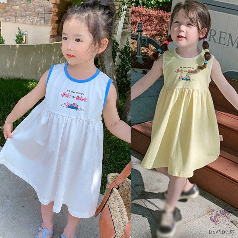 Đầm sát nách in họa tiết hoạt hình phong cách Hàn Quốc thời trang cho bé gái