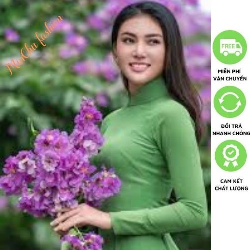 Áo dài truyền thống lụa trơn màu xanh lá đẹp hiện đại cá tính_Minchu